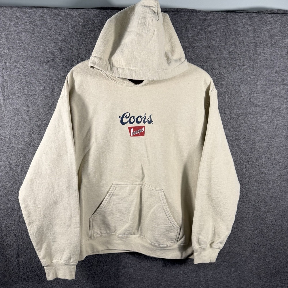 Coors Banquet Khaki Fleece Pullover Hoodie Men's Logo Graphic Print Size M